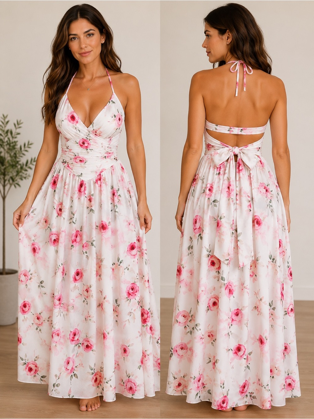 LoveShackFancy White Maxi Dress with Pink Floral Print and Open Back